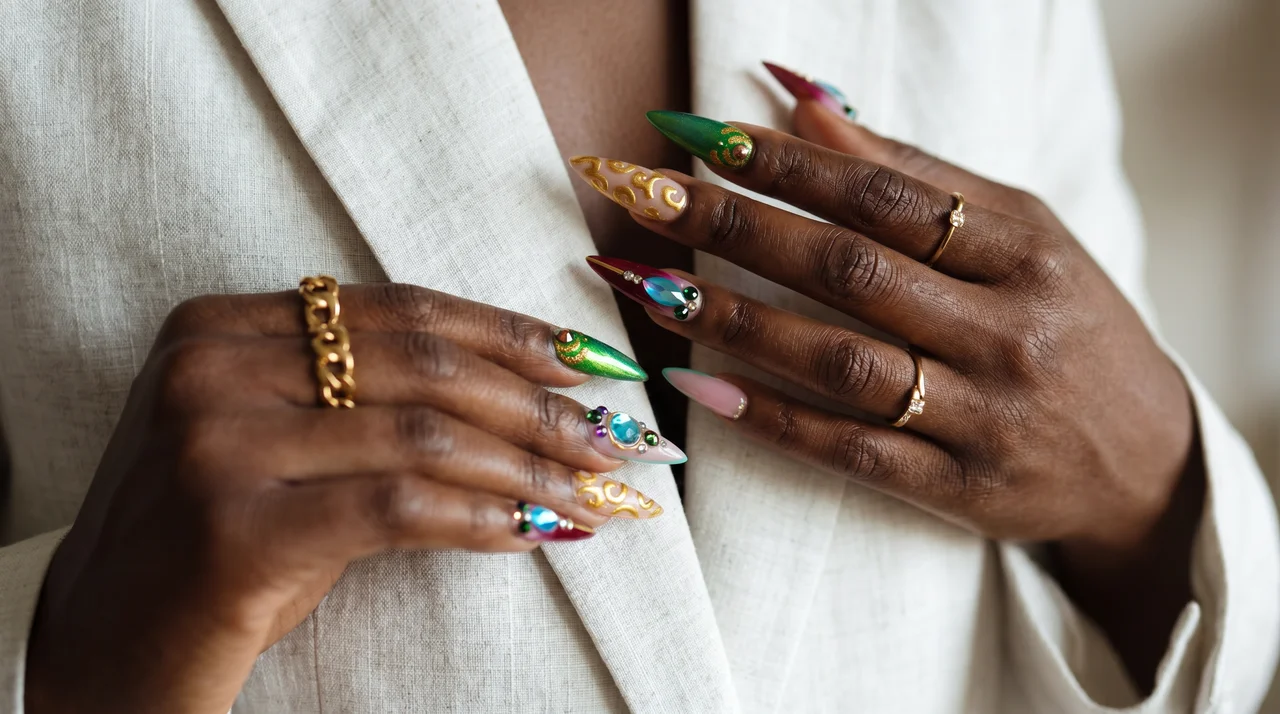 TIPZEE luxury press-on nails on hands with gold jewelry